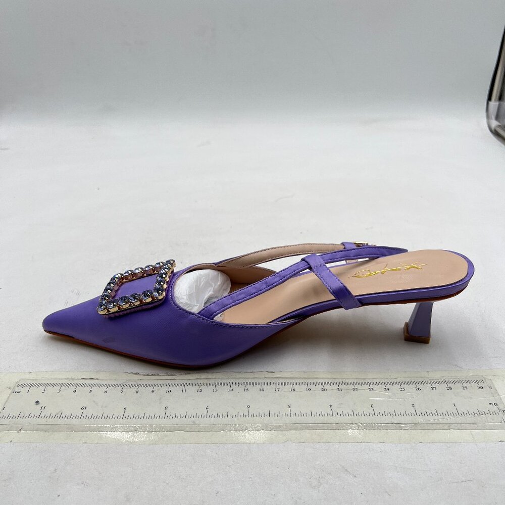 XYD Lilac Pointy Toe Pumps Square Rhinestone Buckle Slingback Evening Pumps - Picture 2 of 8